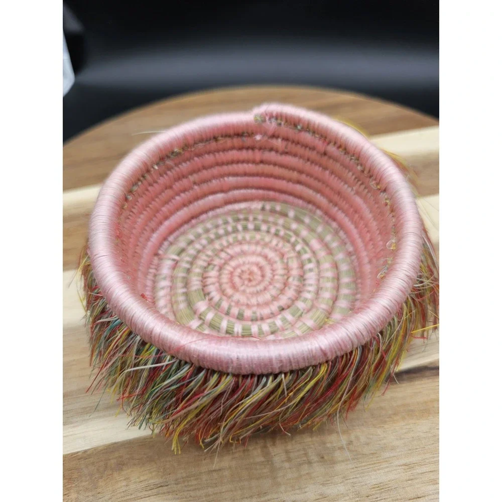 Handmade Woven Basket Small‎ Trinket Dish Pink Decor